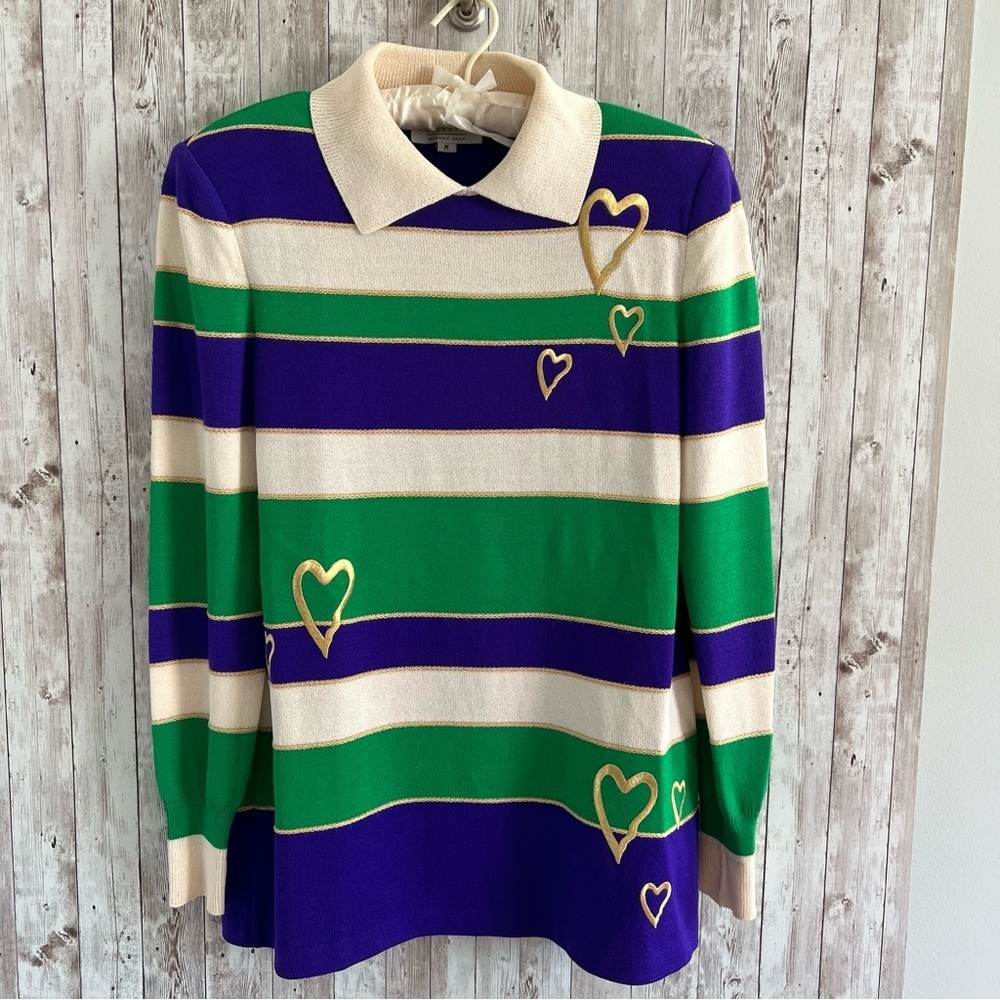St. John Vintage Mardi Gras Collared Green and Purple Striped Sweater Medium
